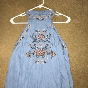 Light Blue Floral Embroidered Halter Dress